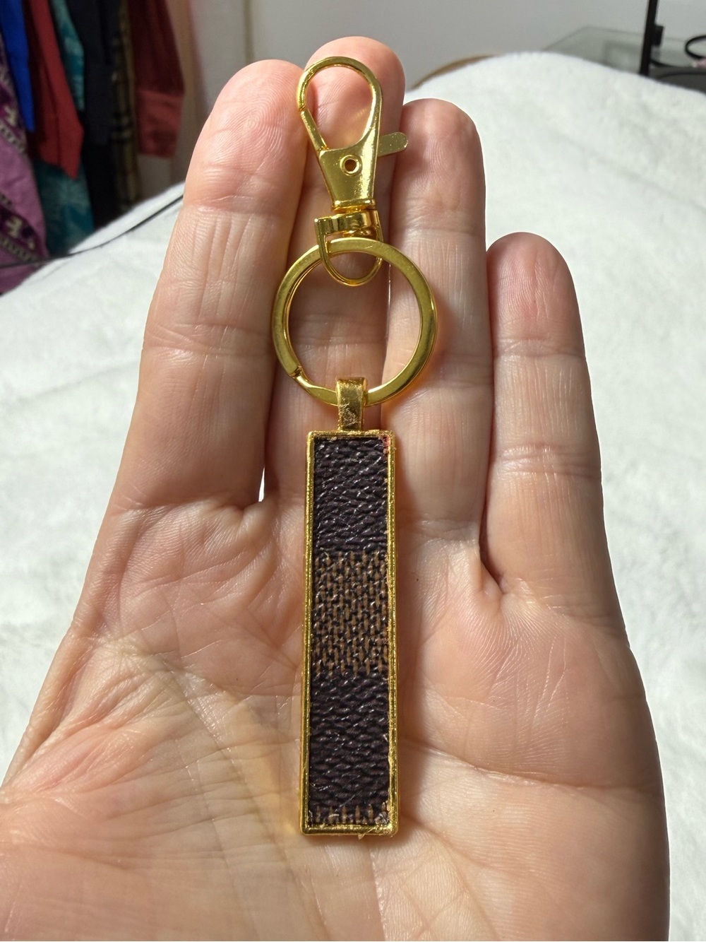 Louis Vuitton upcycled Gold and Brown Bar key ring fob authentic material damier